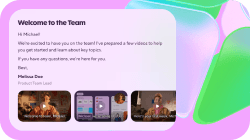 A presenter delivering a personalized video message, with the HeyGen editor and viewer name overlay.