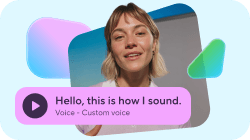 Smiling woman with a purple message bubble displaying 'Hello, this is how I sound.' and a play icon for custom voice.