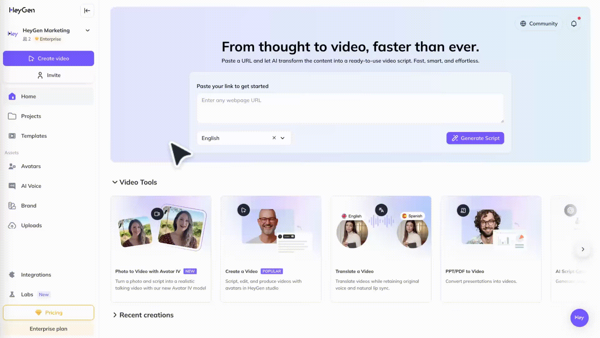 HeyGen AI video creation platform dashboard showing options to generate videos from a URL and various video tools.