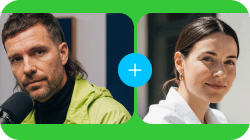 Two headshots, a man and a woman, connected by a blue plus sign.