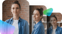 Three views of a woman in a blue shirt, showing neutral, smiling, and thoughtful expressions.