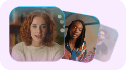 Three rounded video screens show a red-haired woman, a woman with dreadlocks, and a man wearing headphones.