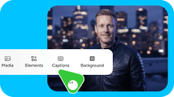 A man smiles in front of a blurred city skyline, with a digital menu overlay displaying options including "Media", "Elements", "Captions", and "Background", and a green pointer icon hovering over "Captions".