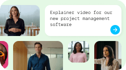 Multiple video thumbnails surrounding a text bubble that reads, "Explainer video for our new project management software."