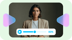Video player showing a woman, with a play button and a 50% progress bar.