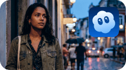 A woman in a jacket stands before a blurred, wet city street at night, with a blue cloud app icon in the top right.