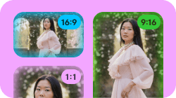 Three images of a woman in a pink dress, cropped to 16:9, 9:16, and 1:1 aspect ratios.