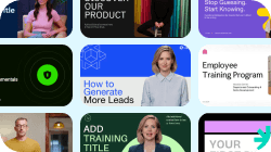 Grid of diverse video thumbnails for business and training.