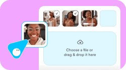 A blue cartoon hand drags a photo of a smiling woman towards a file upload area.