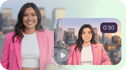 A smiling woman in a pink blazer standing next to an animated video of herself, both with a city skyline background.