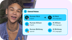 A woman speaking on the left, next to a digital panel titled 'Cloned Voices' showing human voices converting to AI voices in 175 languages.