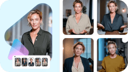 A woman featured in a large video frame with selectable variations below, accompanied by four examples of her presenting in different professional video settings.