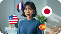A young Asian woman surrounded by the flags of France, Japan, USA, and Spain.